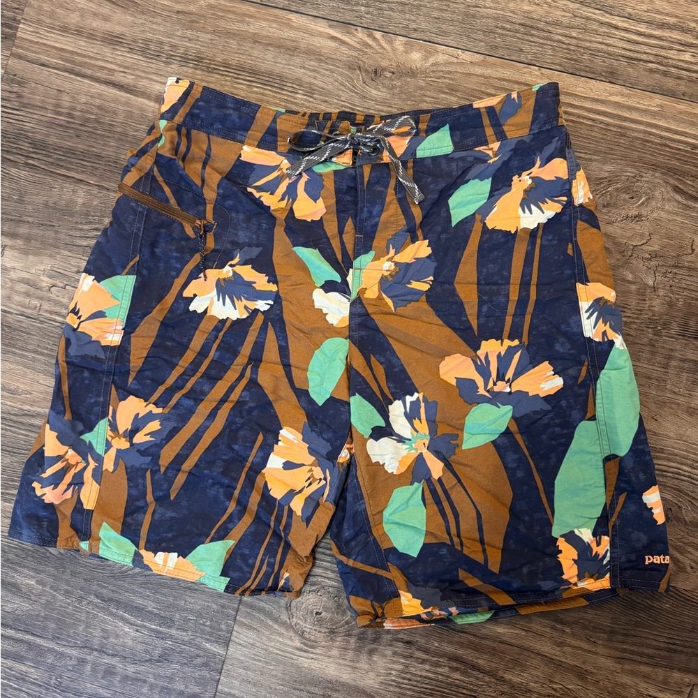 Patagonia Men's Floral Swim Shorts - Blue and Orange
